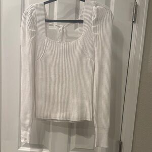 Miracle USA Ribbed Knit Top XS S White Puff Sleeve Open Back Tie Sweater